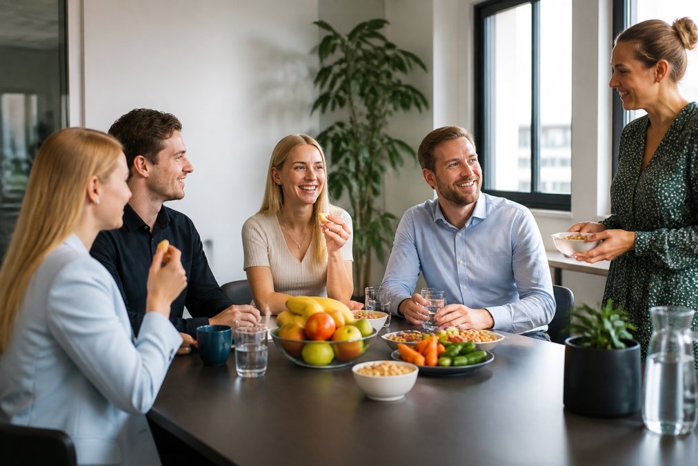 Medarbejdere omkring et mødelokale med frisk frugt, nødder og grønt i skåle på bordet, hvor nogle nyder deres frokostpause sammen i naturligt dagslys