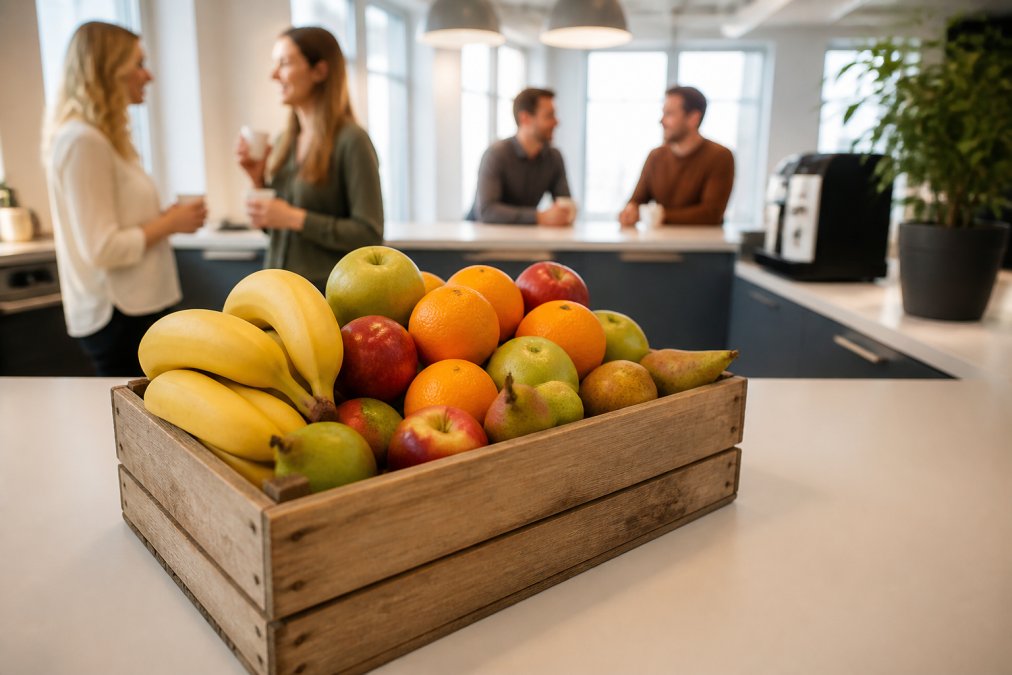 En træ-frugtkasse fyldt med farverige, friske frugter som æbler, bananer, appelsiner og pærer, placeret på en lys og moderne kontorkøkkendisk med kolleger synlige i baggrunden
