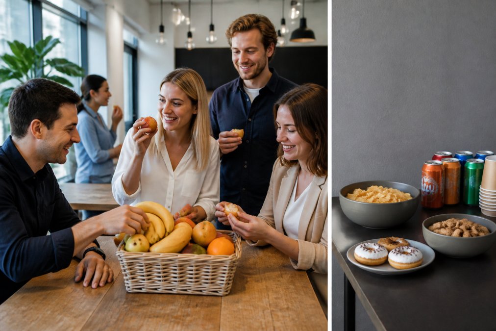 Kontormedarbejdere samlet om en frugtkurv i et pauserum, smilende og plukker frugt under en kort pause, lyst og indbydende miljø med naturligt dagslys