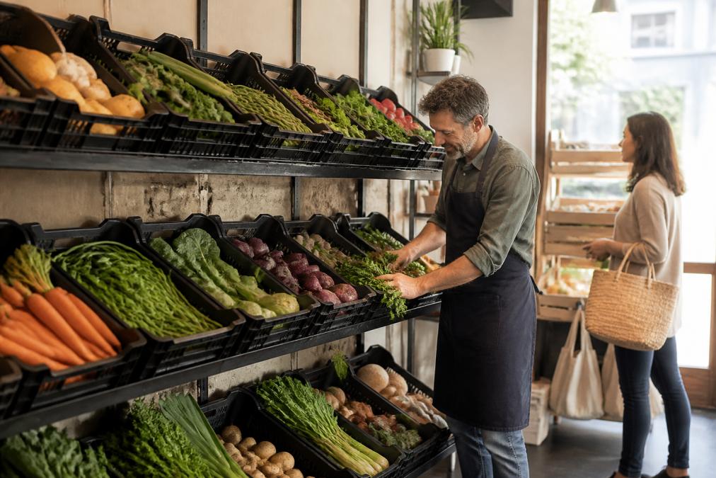 A greengrocer arranging fresh vegetables in stackable black crates on a wall-mounted display unit in a bright independent shop, with a customer browsing nearby