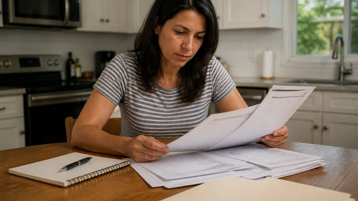 A home seller reviewing a stack of legal documents at a kitchen table, with a pen and notepad, looking focused and organized