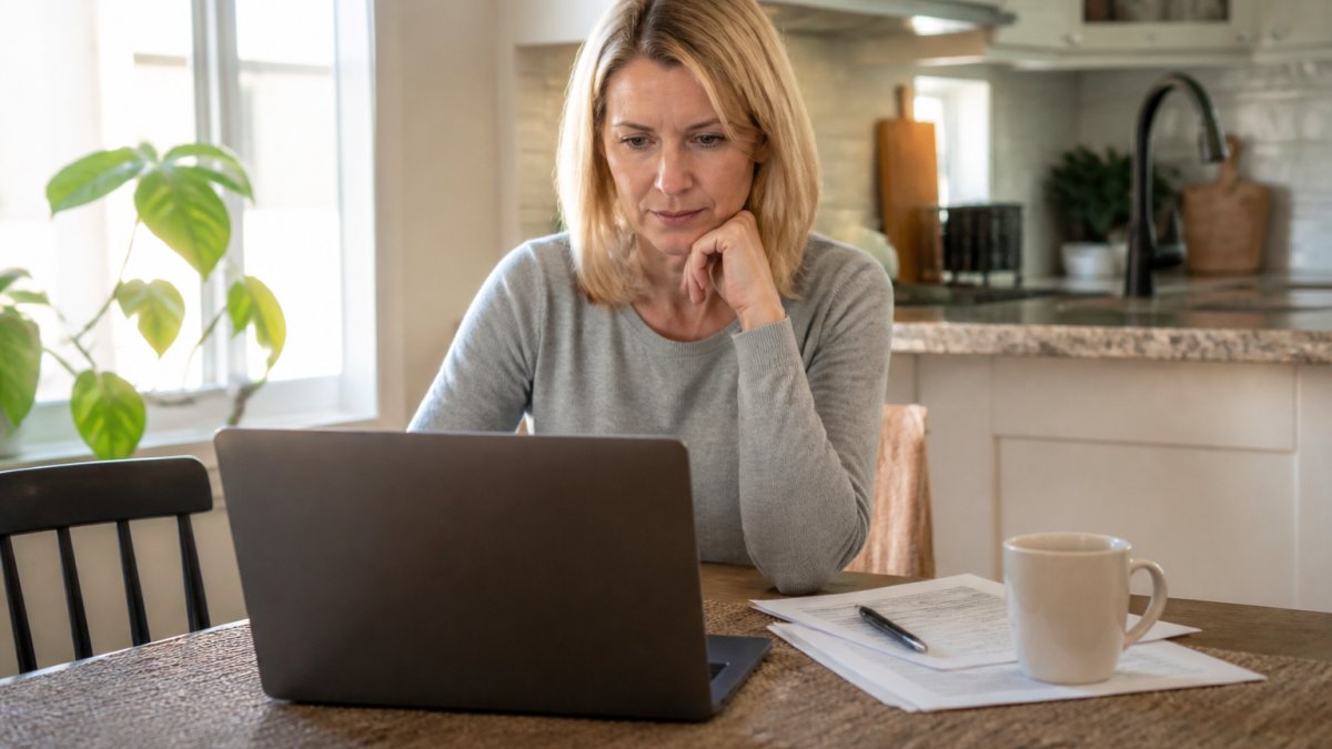 Homeowner reviewing listing details on a laptop at a kitchen table with coffee and paperwork nearby, natural morning light streaming through window