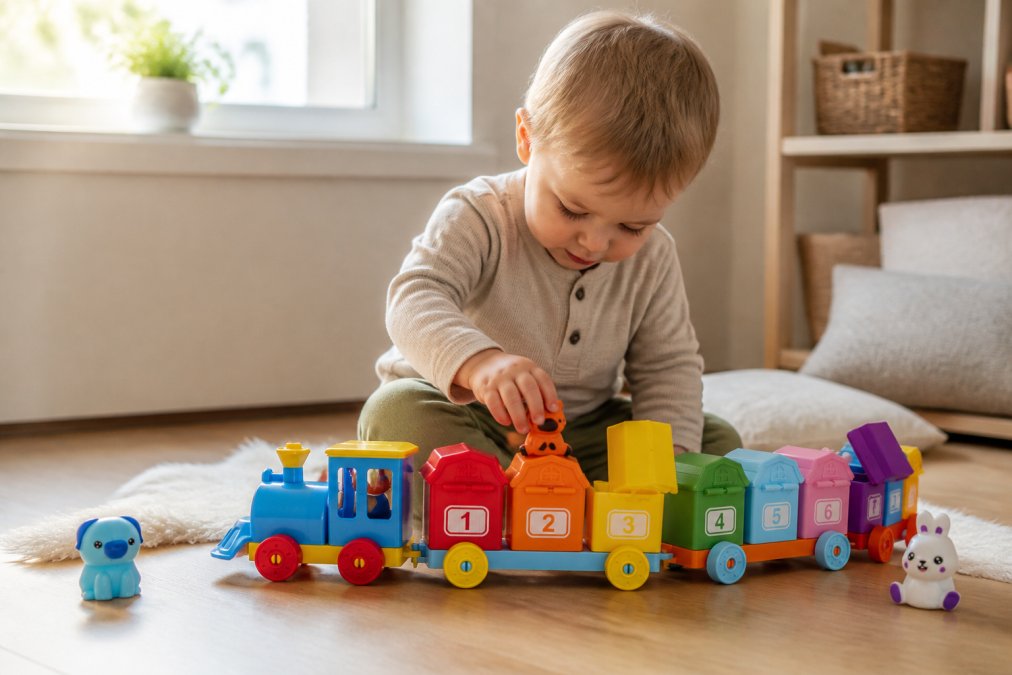 A toddler concentrating intently while stacking smooth wooden animal blocks, small hands carefully grasping and positioning each piece, natural daylight streaming through a window illuminating the child's focused expression and the wood grain texture