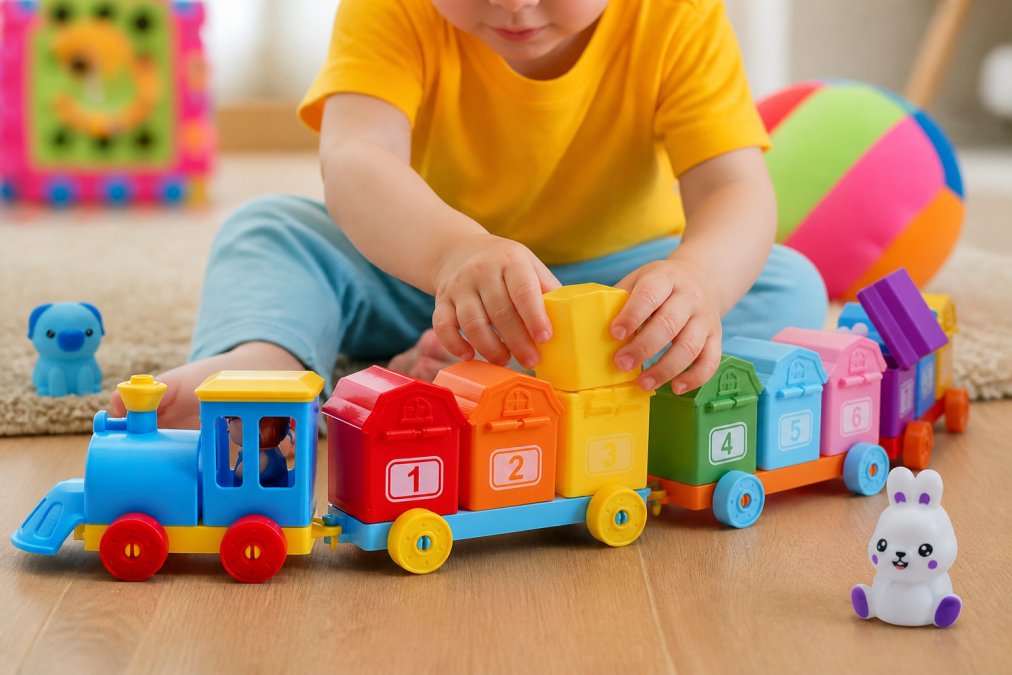 Close-up of small toddler hands grasping smooth wooden animal stacking pieces, showing natural wood grain texture and the concentration in the child's fingers as they carefully balance the blocks