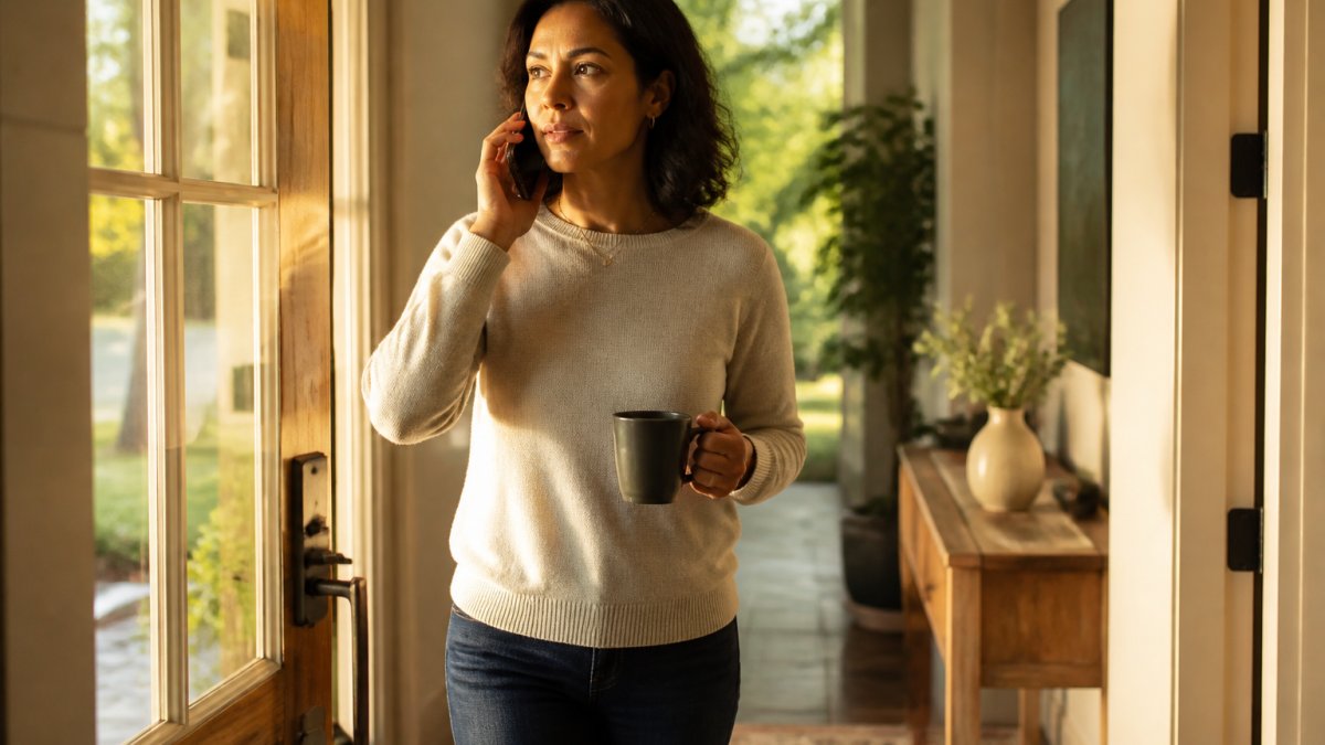 Woman in her 40s experiencing a moment of fatigue, sitting at home with a health journal and calendar visible, natural window lighting