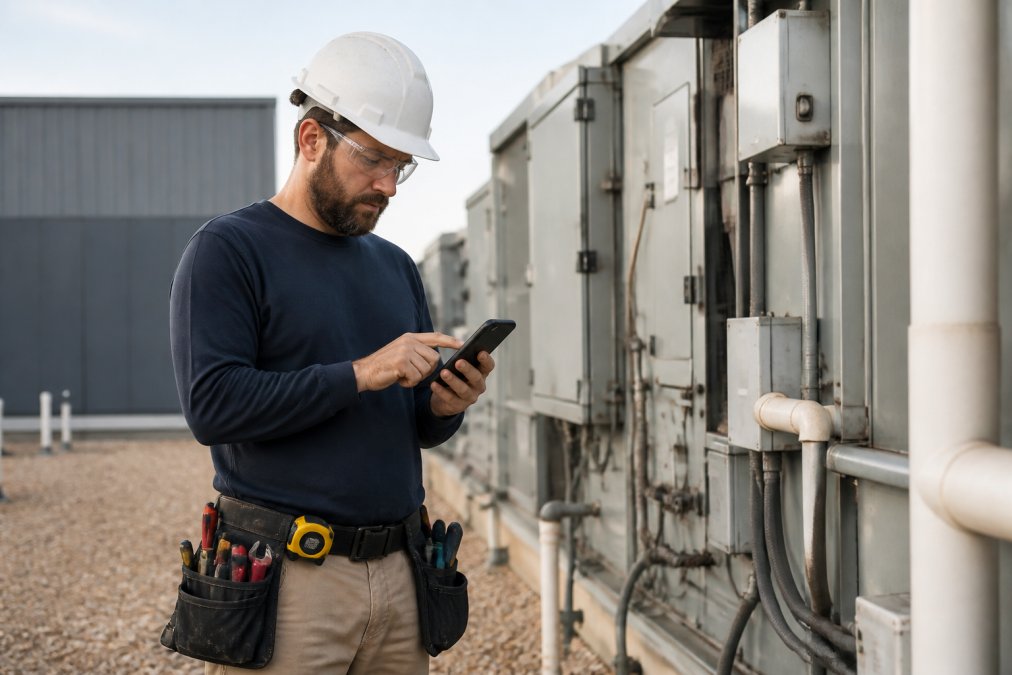 Field technician checking work orders on a mobile device while on-site, a key workflow in FSM vs ERP software.