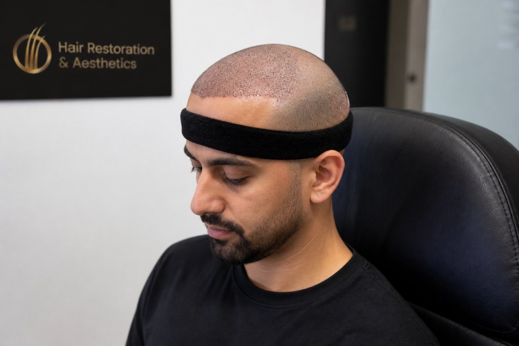 Patient with clean scalp showing minimal visible redness, wearing a protective headband or cap two to three days after FUE procedure, demonstrating proper post-operative appearance with careful scalp care