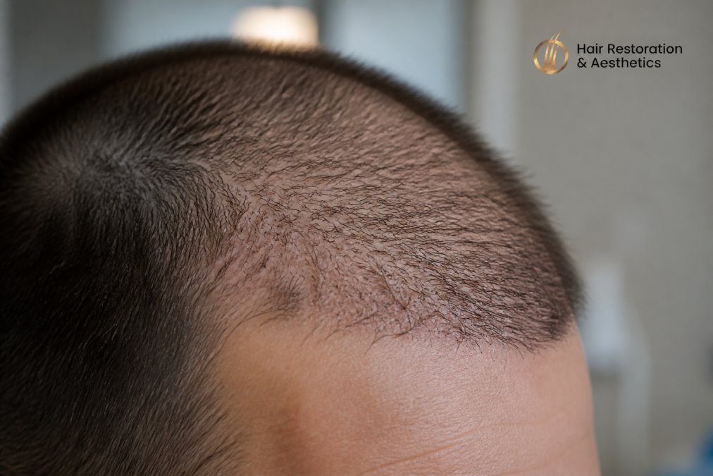 Close-up view of scalp showing early hair regrowth at recipient site with visible fine hairs emerging from grafted follicles, demonstrating anagen phase progression with natural lighting and clear detail of individual hair strands