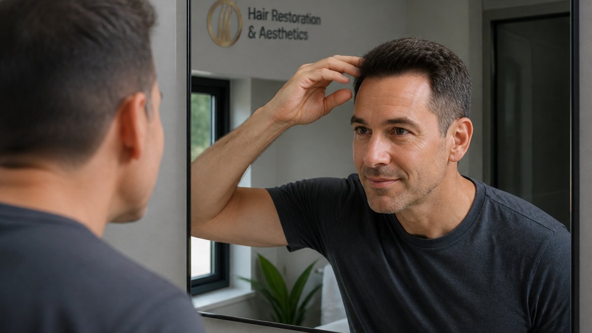 Infographic timeline showing the FUE success rate via a man observing his hair growth progress in a mirror.