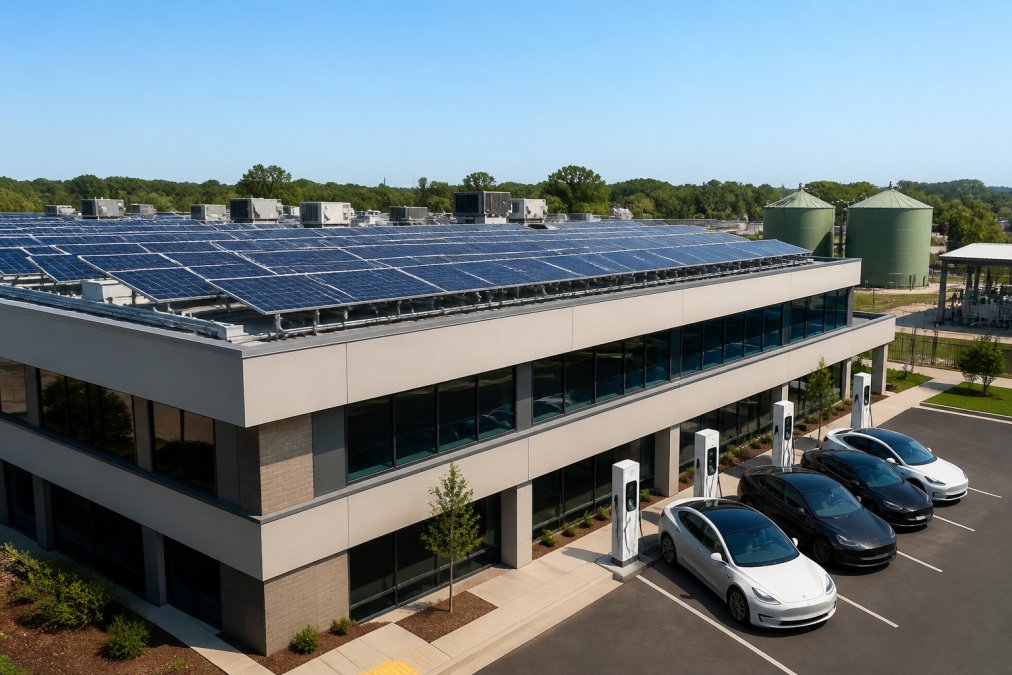 Commercial rooftop with rows of dark blue solar panels mounted on metal racking, a modern two-story office building visible below with clear sky and bright sunlight illuminating the installation