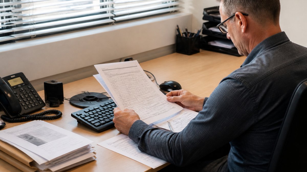 Fleet manager reviewing fuel transaction data on a computer screen in an office environment, with printed fuel reports and invoices visible on the desk beside the keyboard