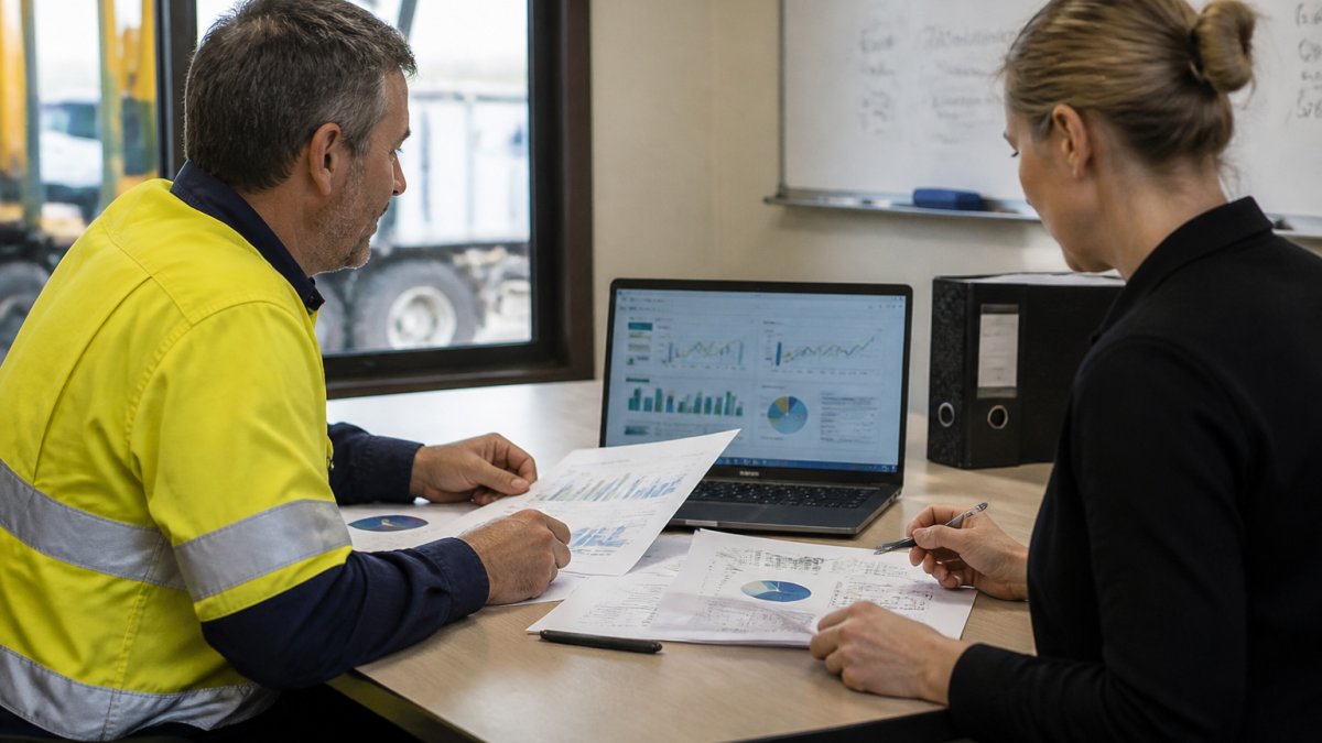 A fleet manager and finance officer reviewing fuel transaction data on a laptop and printed reports in a depot office, with a whiteboard showing route notes in the background