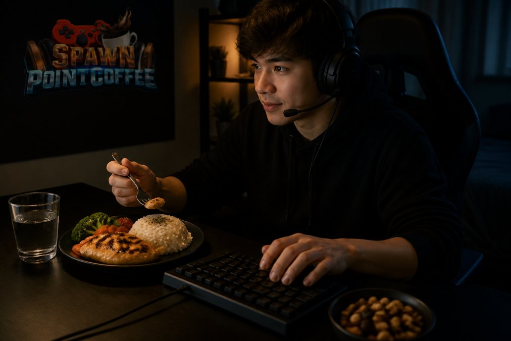 Gamer eating a healthy meal of chicken and vegetables at a desk during a gaming session