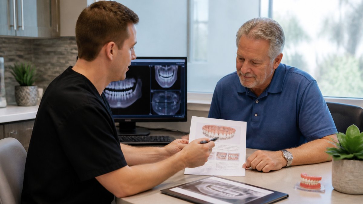 Professional dentist and patient reviewing treatment plan document together at desk with computer monitor showing dental imaging in modern clinical setting with natural lighting