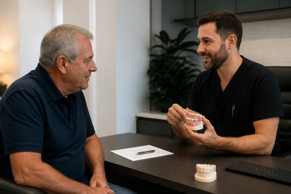 Dental professional explaining the full arch pricing process to a patient using a detailed implant model