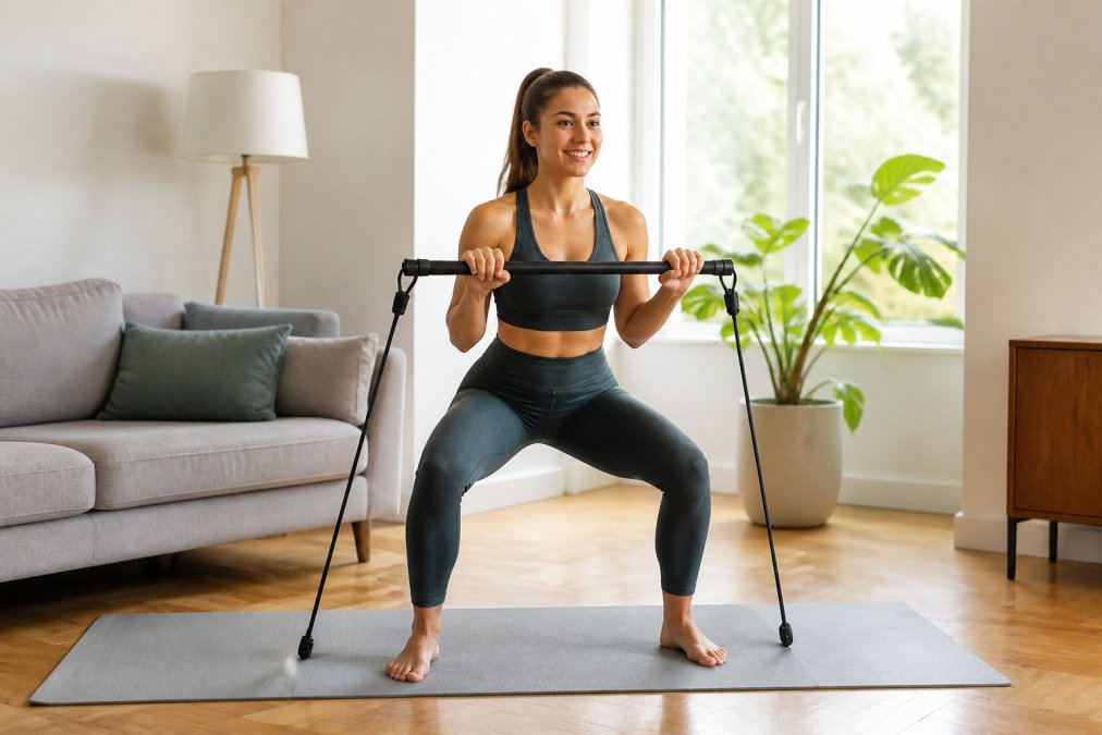 A person in comfortable workout clothes performing a resistance band exercise in a bright living room with minimal furniture, demonstrating proper form with a resistance bar
