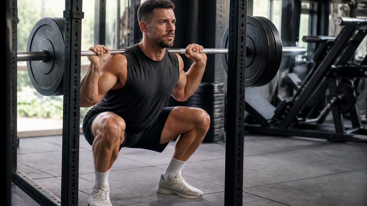 Person performing a barbell squat with proper form in a modern gym, feet shoulder-width apart, chest up, controlled descent with bright overhead lighting