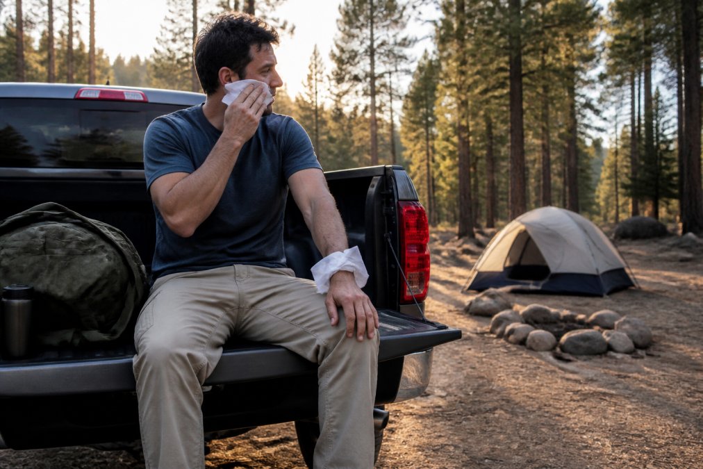 A man in his 30s sitting on the tailgate of a pickup truck at a campsite, wiping his face and arms with an oversized body wipe, tent and pine trees in the background, morning light