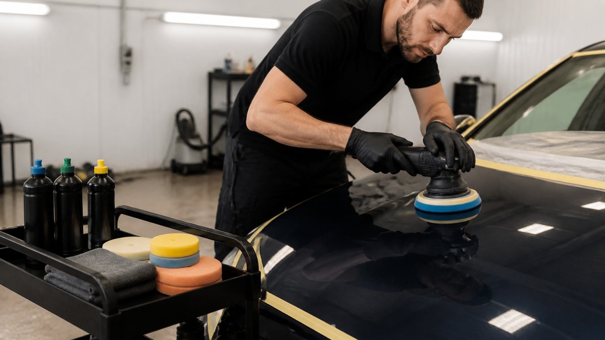 A detailer in nitrile gloves using a dual-action polisher on the bonnet of a car inside a brightly lit detailing bay, masking tape on panel edges, polishing compounds on a nearby trolley