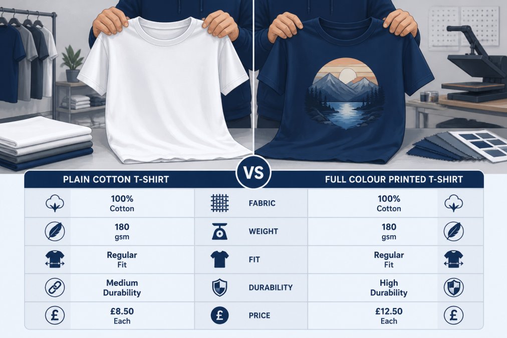 Close-up of hands holding two cotton t-shirts side by side, one plain and one with a full colour printed logo, in a bright workshop setting with fabric swatches on a table