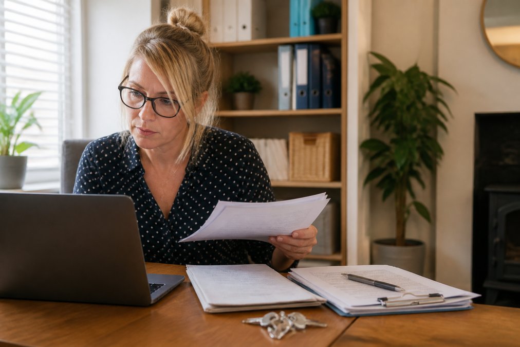 Property manager reviewing compliance management rental properties documents on a laptop in a home office