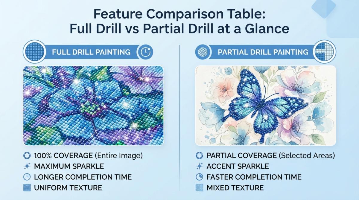 Close-up of completed full drill diamond painting showing dense, sparkly coverage next to partial drill painting with printed background visible, both displayed in natural light