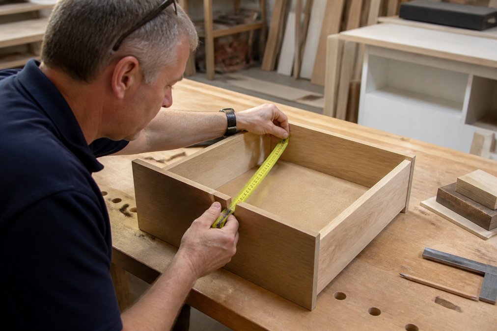 Professional joiner using a tape measure against the interior wooden side of a drawer, measuring from front to back with clear numerical markings visible on the tape, natural workshop lighting