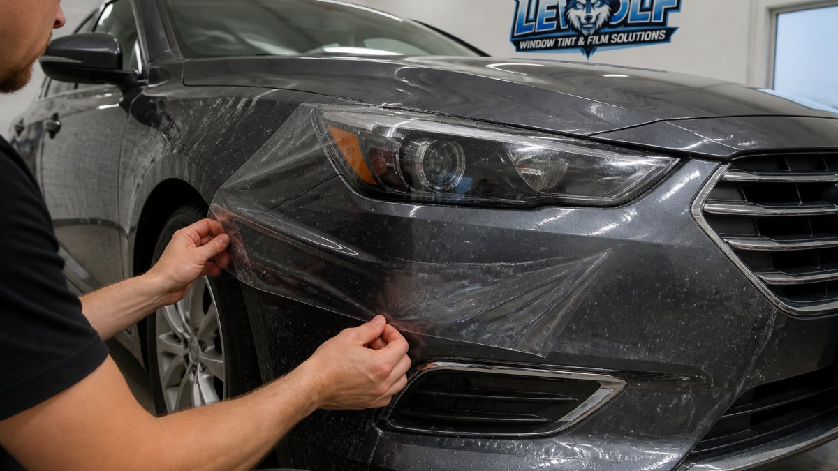 Close-up of a technician's hands applying a clear paint protection film to the front bumper of a modern sedan in a clean, well-lit auto shop