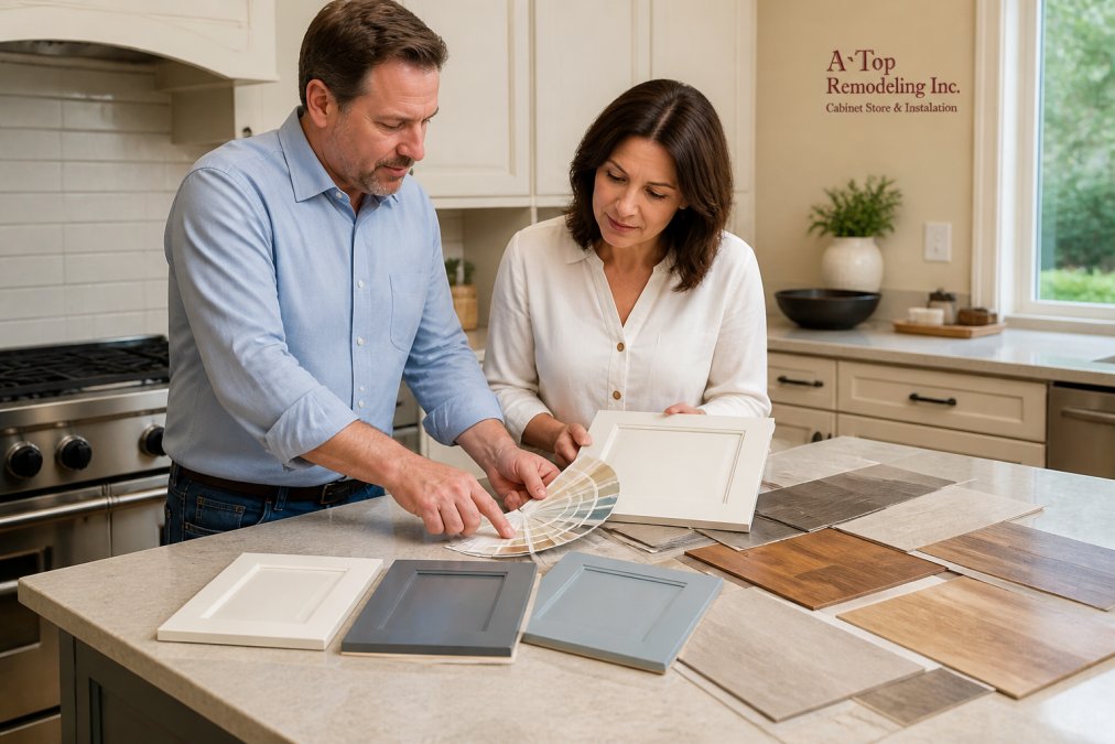 A homeowner and a remodeling consultant reviewing kitchen cabinet samples and flooring swatches spread across a kitchen island in a bright suburban home