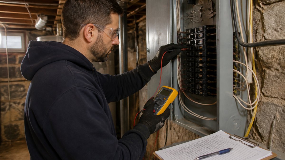 A licensed electrician in work clothes and safety glasses testing a residential electrical panel with a multimeter, clipboard with notes nearby, in a basement utility area of an older home