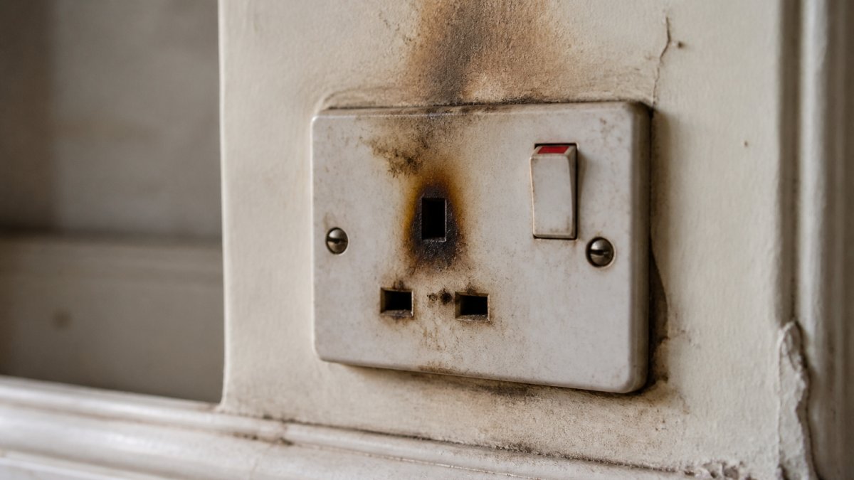Close-up of an old electrical socket showing visible discolouration, burn marks on the outlet plate, and darkened wall surface around the socket