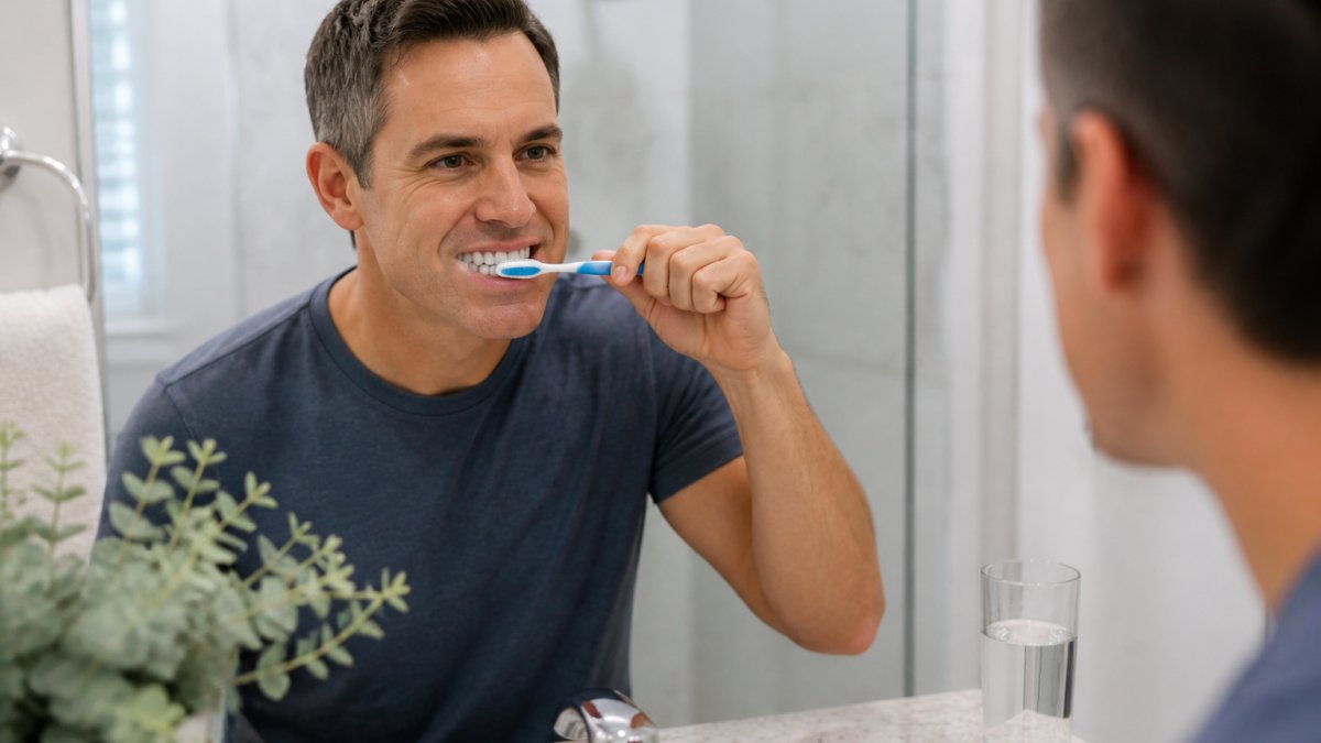 Close-up of a person brushing teeth at a bathroom sink with proper technique, showing a toothbrush at the gum line and a glass of water nearby