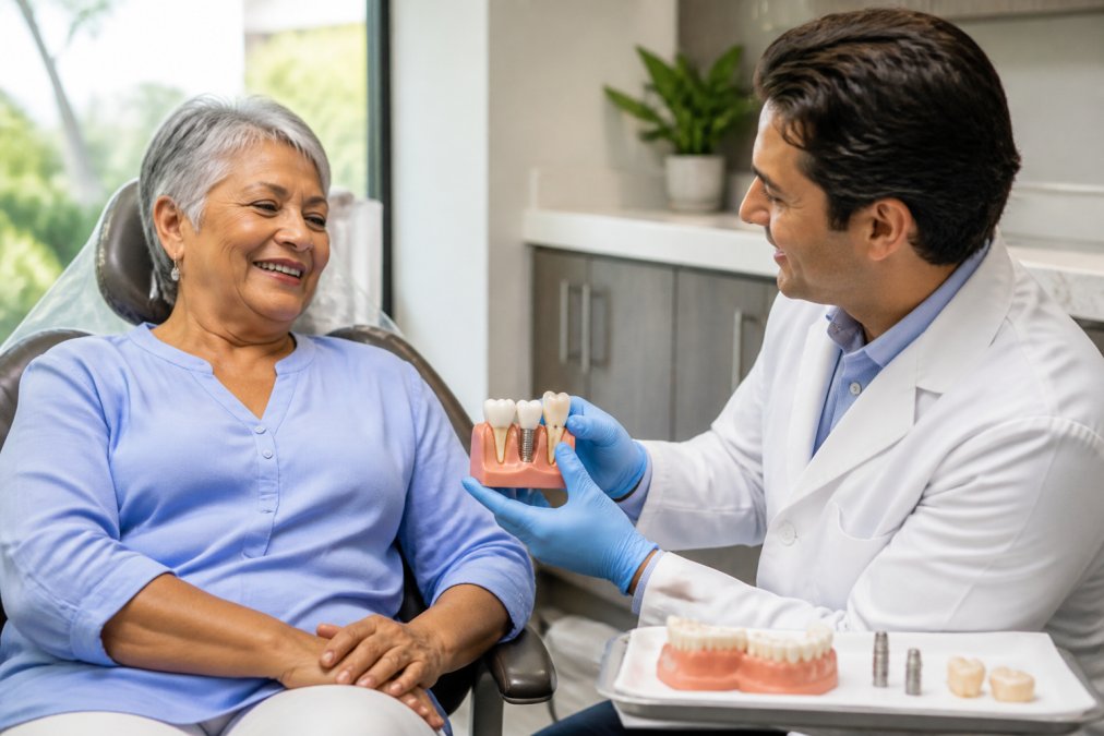 Senior patient smiling in dental chair while dentist explains treatment options using dental implant models and visual aids with natural clinic lighting