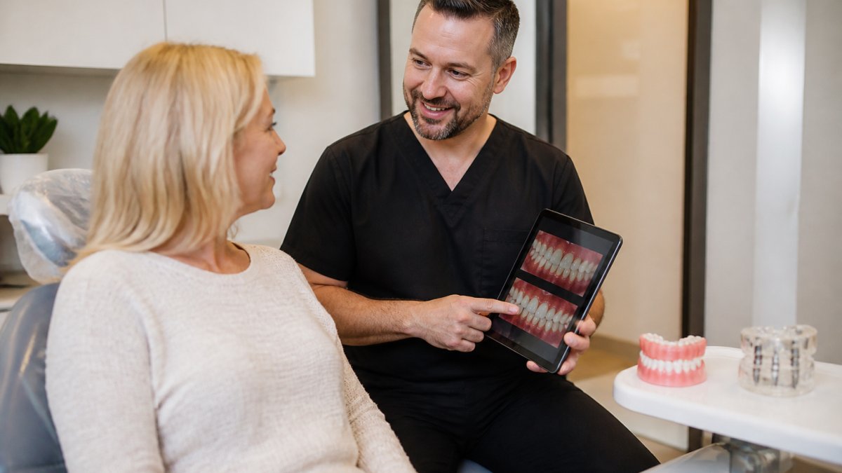 Dentist using a tablet to explain full mouth rehabilitation vs dental implants to a patient in a clinic
