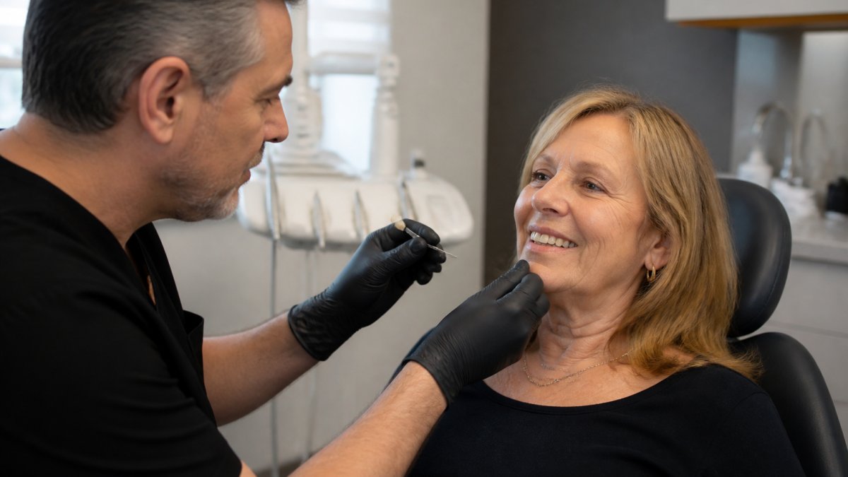 Professional dentist performing examination and bite assessment with patient in modern clinical treatment room with natural lighting and advanced dental equipment