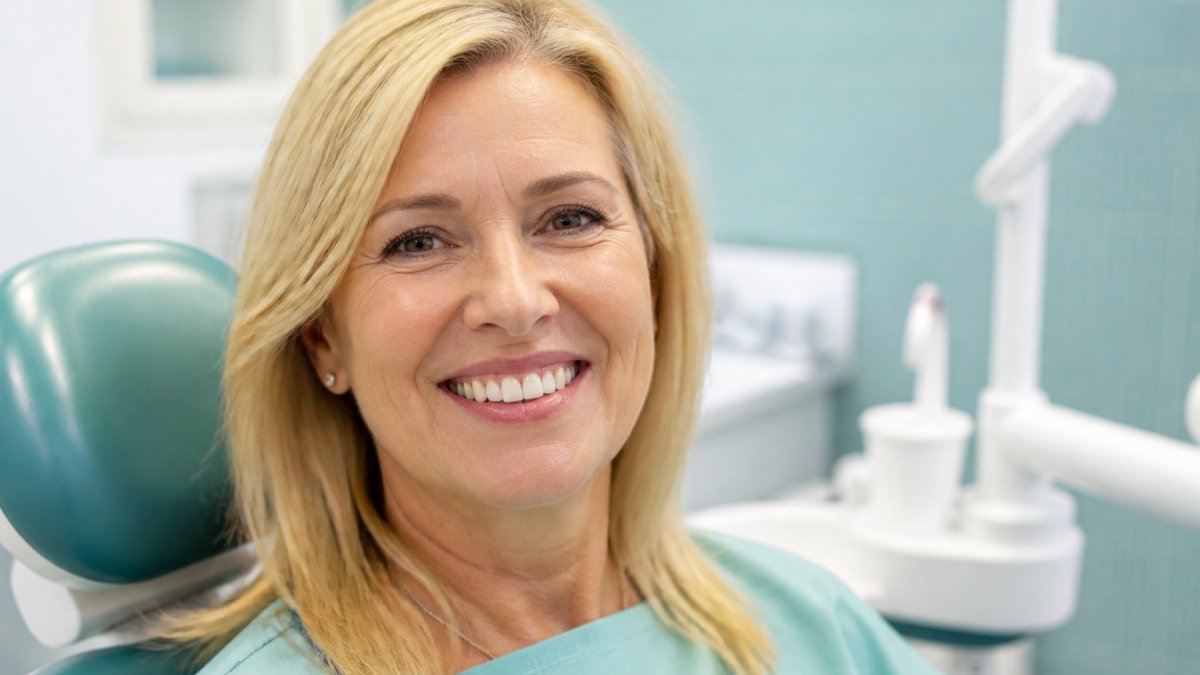 Professional woman with natural-looking smile showing healthy teeth and gums in well-lit clinical setting