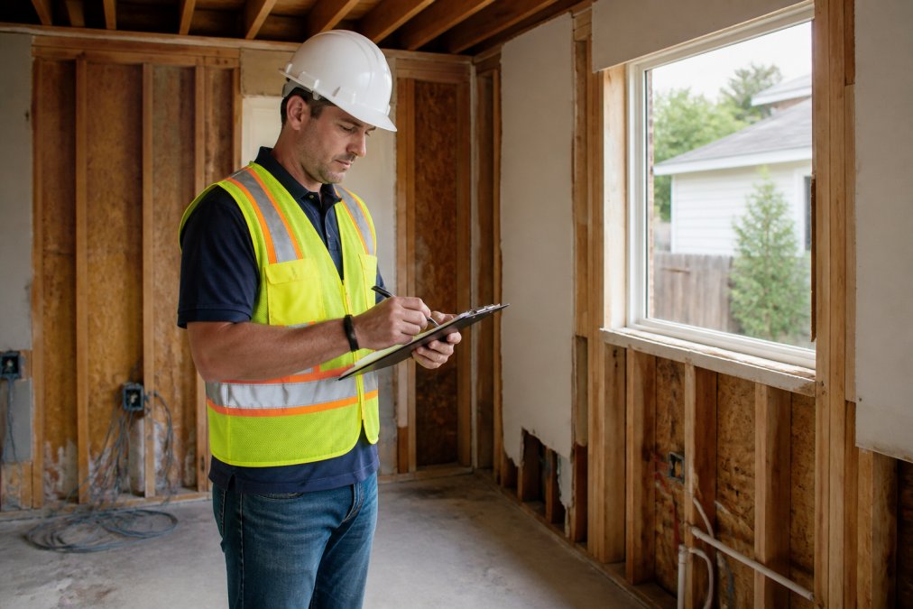 A project manager in a hard hat and safety vest reviewing a clipboard inside a residential property with exposed studs and drywall, natural daylight streaming through a new window opening
