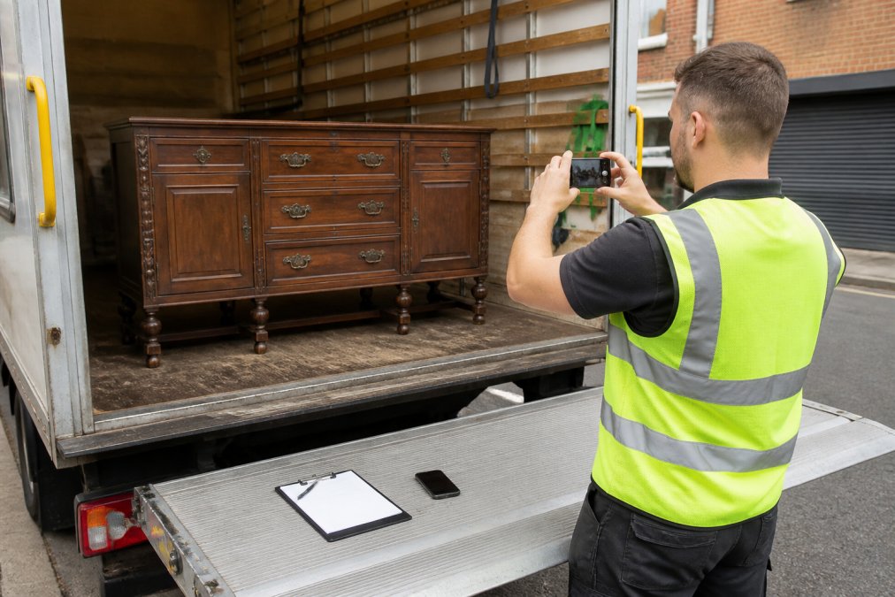 A courier in a high-visibility vest photographing a wooden antique sideboard on a tail-lift before loading it into a Luton van, with a clipboard and phone visible on the van floor
