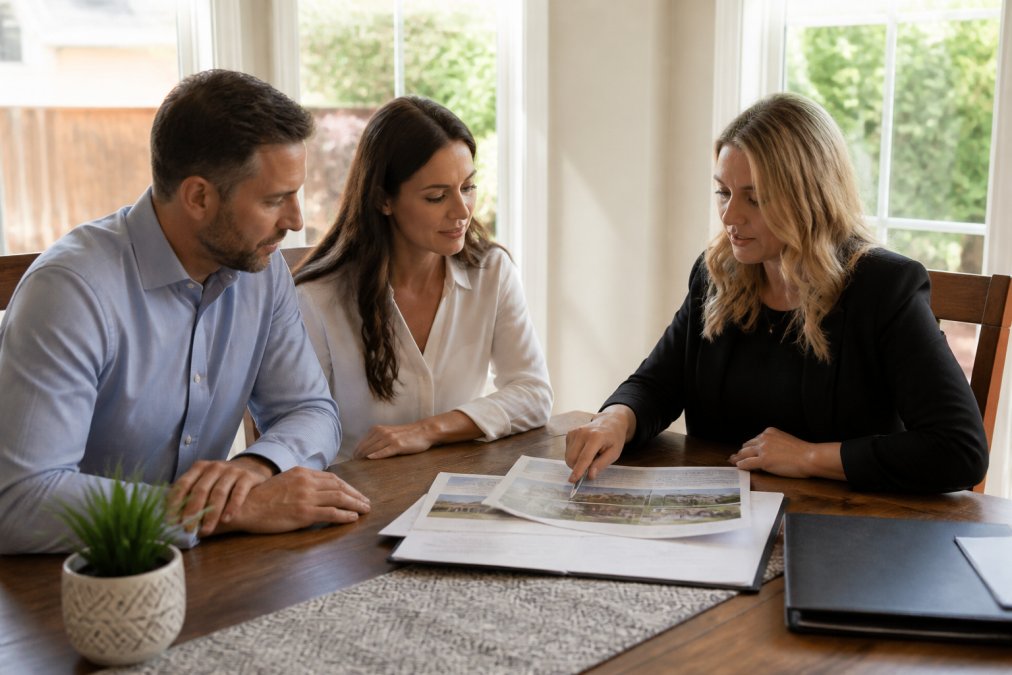 Real estate agent meeting with homeowners at a dining table, reviewing property documents and discussing home sale strategy with natural afternoon light coming through windows