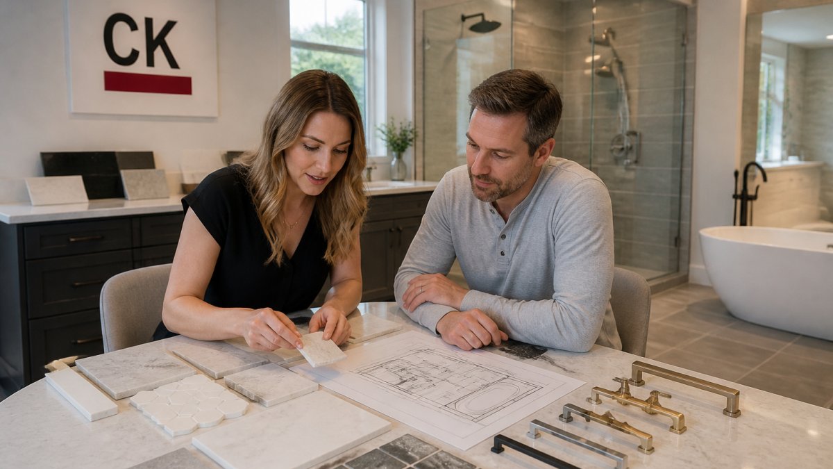 A designer and homeowner reviewing tile and fixture samples on a table in a bright showroom, with a floor plan sketch nearby