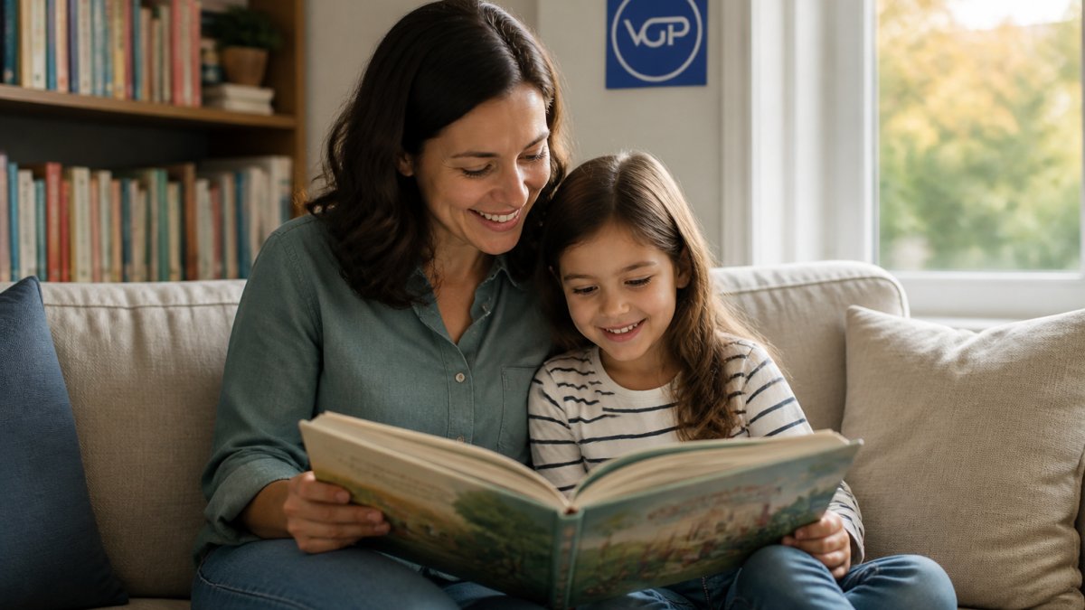 A parent and child reading an illustrated picture book together on a cozy couch, warm natural light, bookshelves in background