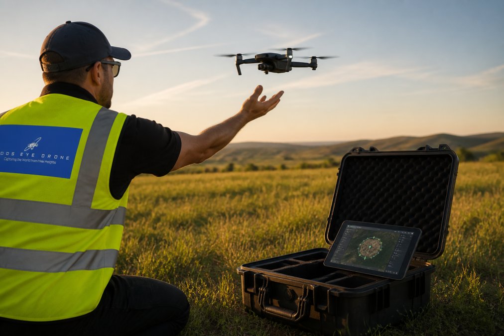 A certified drone pilot in a safety vest launching a quadcopter from a hard case on a grassy field at golden hour, with a tablet showing a flight planning app resting on the case lid
