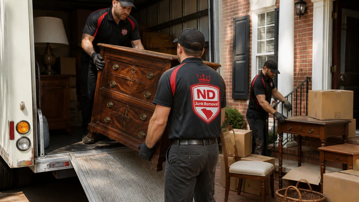 Professional team carefully loading antique furniture and household items into a removal truck outside a brick residential home, showing coordinated lifting and secure placement