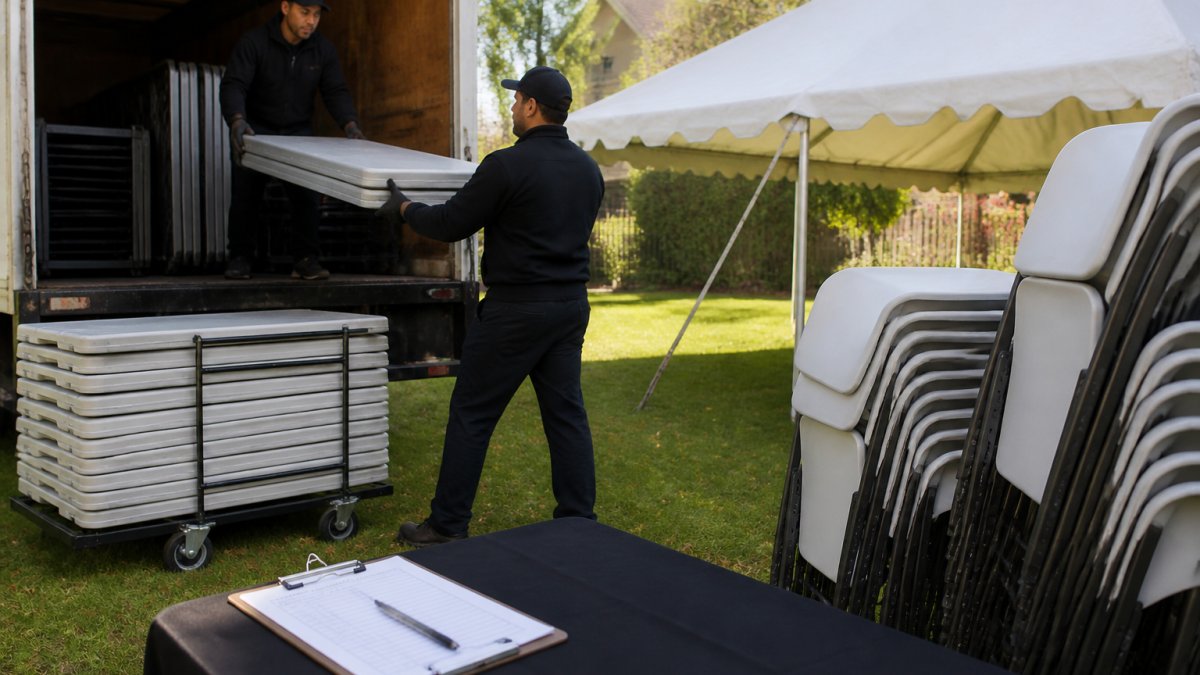 Infographic visualizing the full service event setup process from truck unloading to tent assembly.
