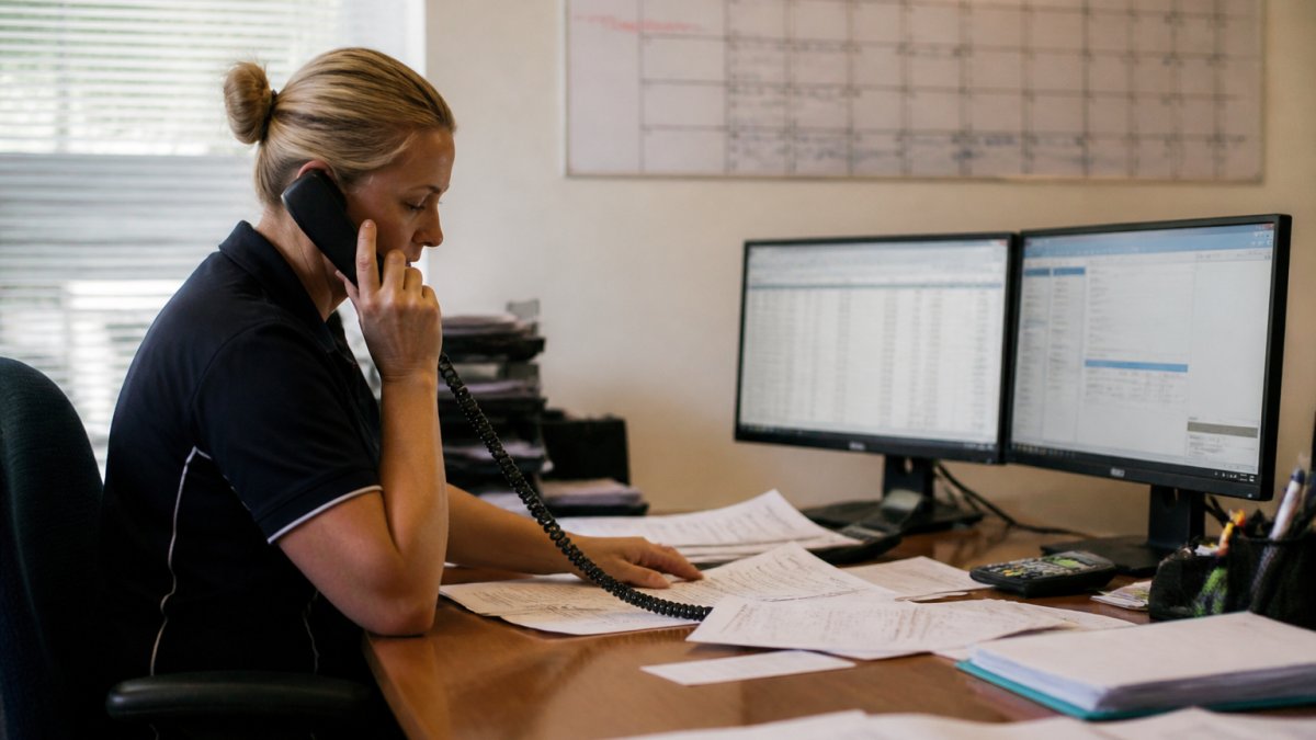 A logistics coordinator at a desk comparing freight invoices and spreadsheets on two screens, with a phone to one ear and a shipping schedule on the wall behind