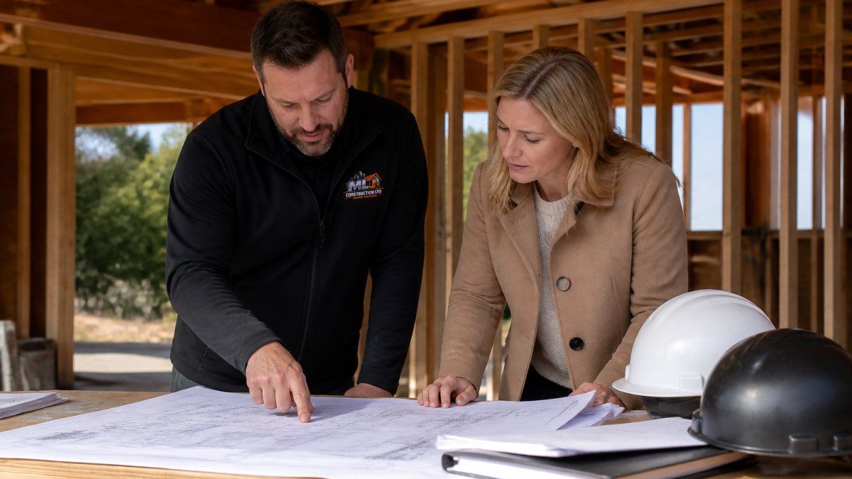 Professional contractor and homeowner reviewing blueprints and construction documents together at a construction site table, with hard hats visible and natural daylight