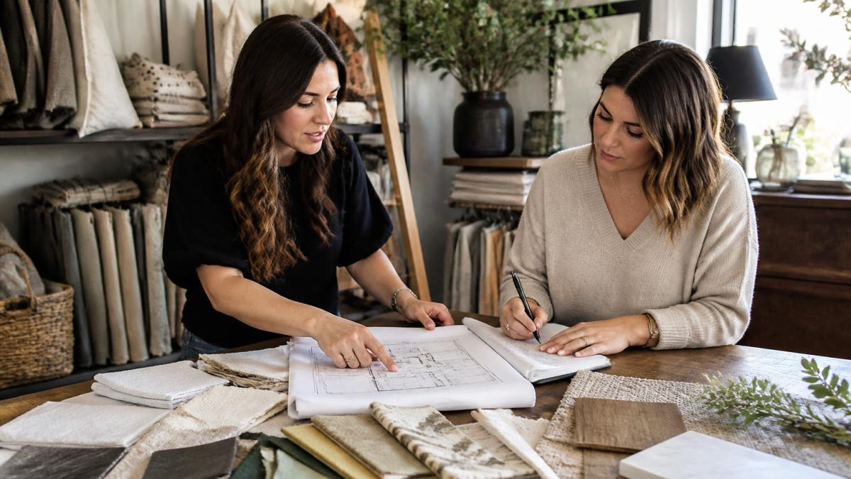 Two interior designers reviewing fabric swatches and floor plans at a large table in a bright studio, one pointing at a layout while the other takes notes