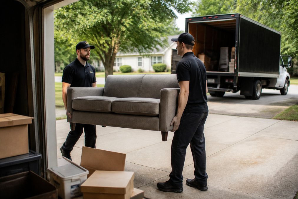 Two uniformed junk removal crew members carrying an old sofa and boxes out of a residential garage, with a branded truck parked in the driveway behind them
