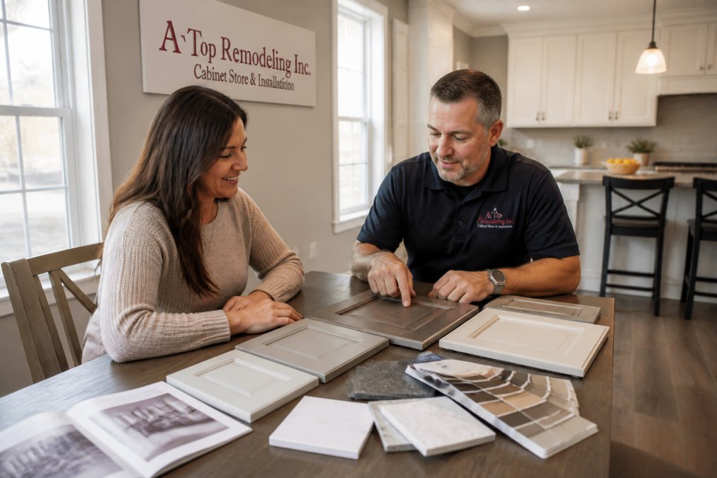 A remodeling contractor and homeowner reviewing kitchen design samples and cabinet finish swatches spread across a dining table in a bright suburban home