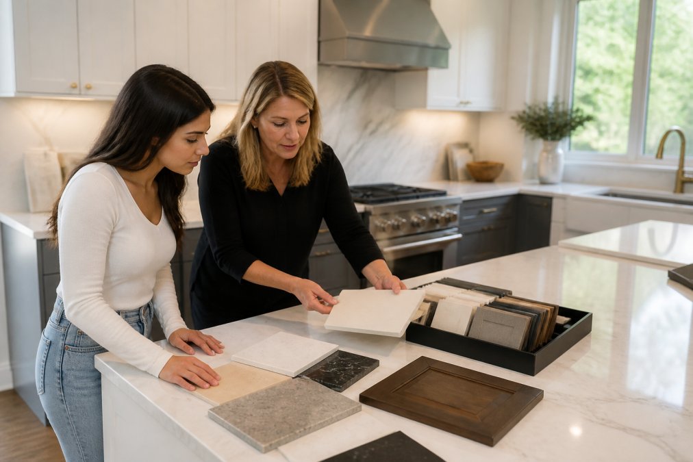 Designer and homeowner reviewing quartz samples for a kitchen renovation Pickering project in a bright showroom.